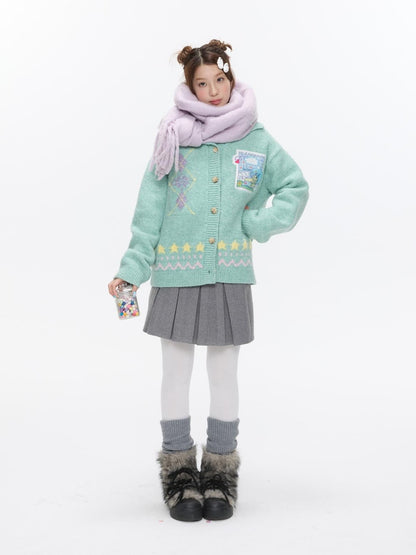 BETWEENAND Green Argyle Applique Embroidered Hooded Women&