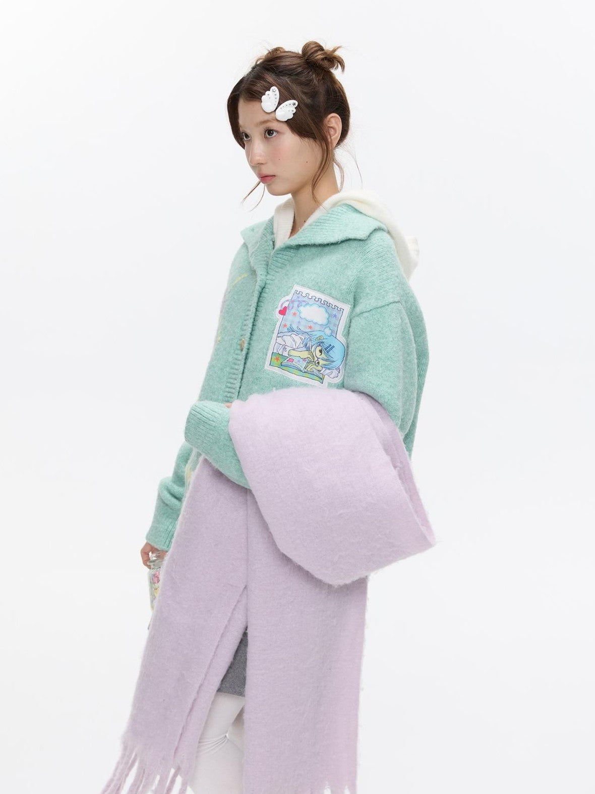 BETWEENAND Green Argyle Applique Embroidered Hooded Women&