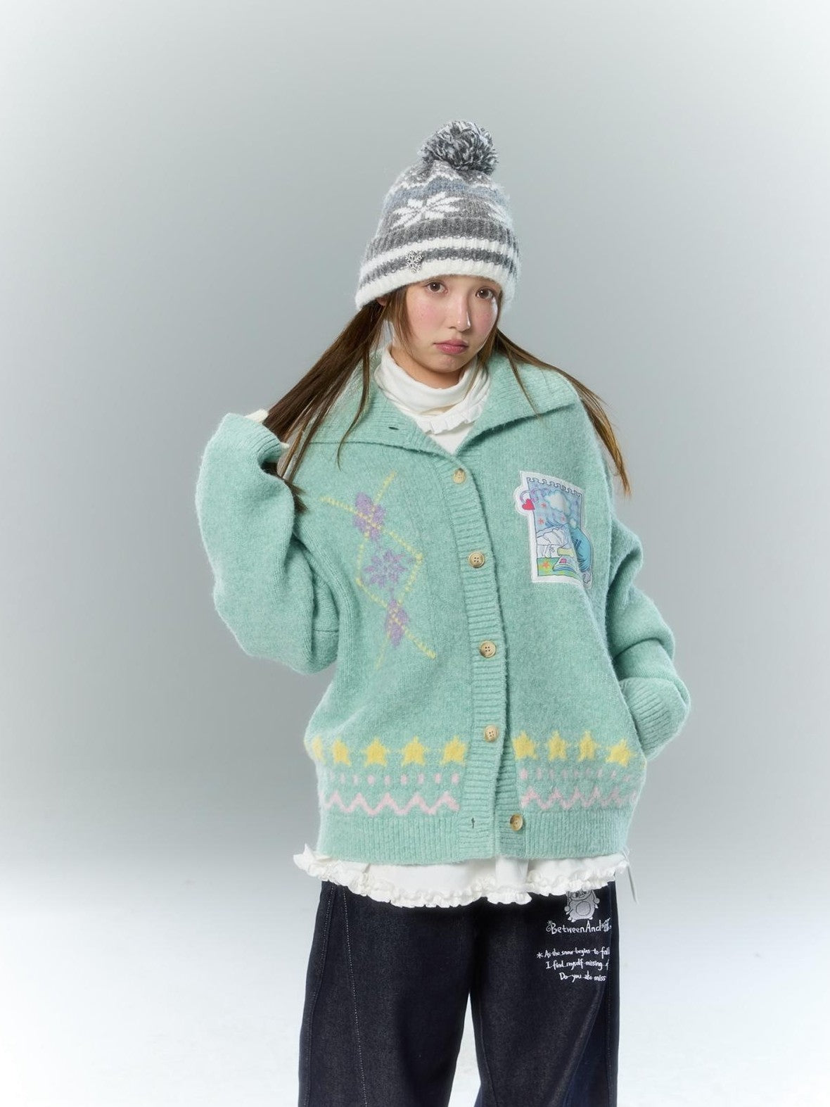 BETWEENAND Green Argyle Applique Embroidered Hooded Women&