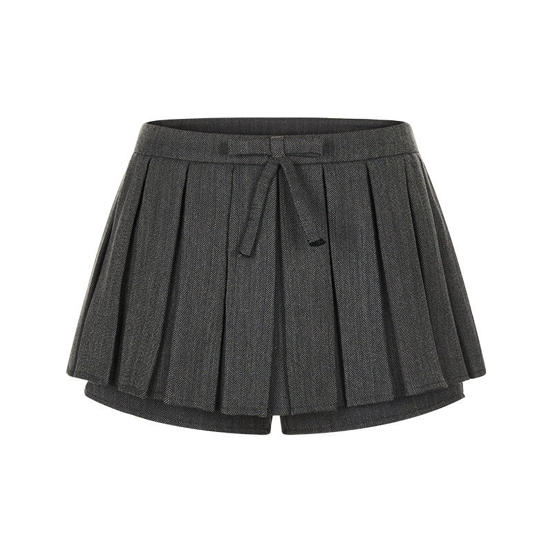 BETWEENAND_Grey_Bow_Placket_Single_Breasted_Pleated_Skirt_Pants_Women&