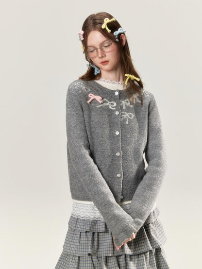 BETWEENAND Grey Crewneck Embroidered Bow Animal Motif Women&