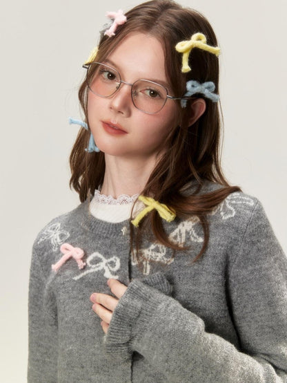 BETWEENAND Grey Crewneck Embroidered Bow Animal Motif Women&