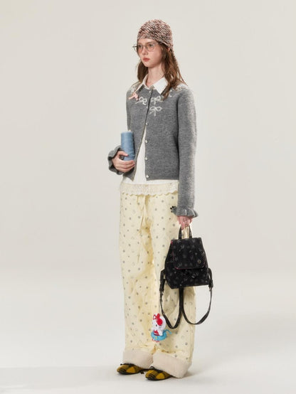 BETWEENAND Grey Crewneck Embroidered Bow Animal Motif Women&