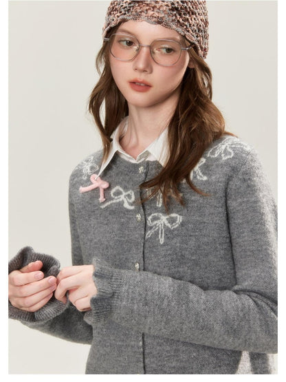BETWEENAND Grey Crewneck Embroidered Bow Animal Motif Women&
