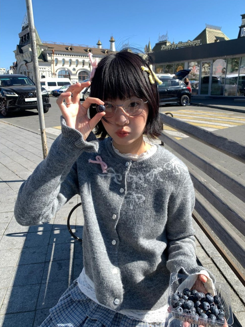 BETWEENAND Grey Crewneck Embroidered Bow Animal Motif Women&