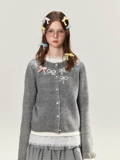 BETWEENAND Grey Crewneck Embroidered Bow Animal Motif Women&