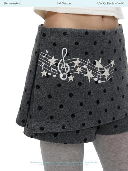 BETWEENAND Grey Embroidered Musical Note Polka Dot High Waist Women&