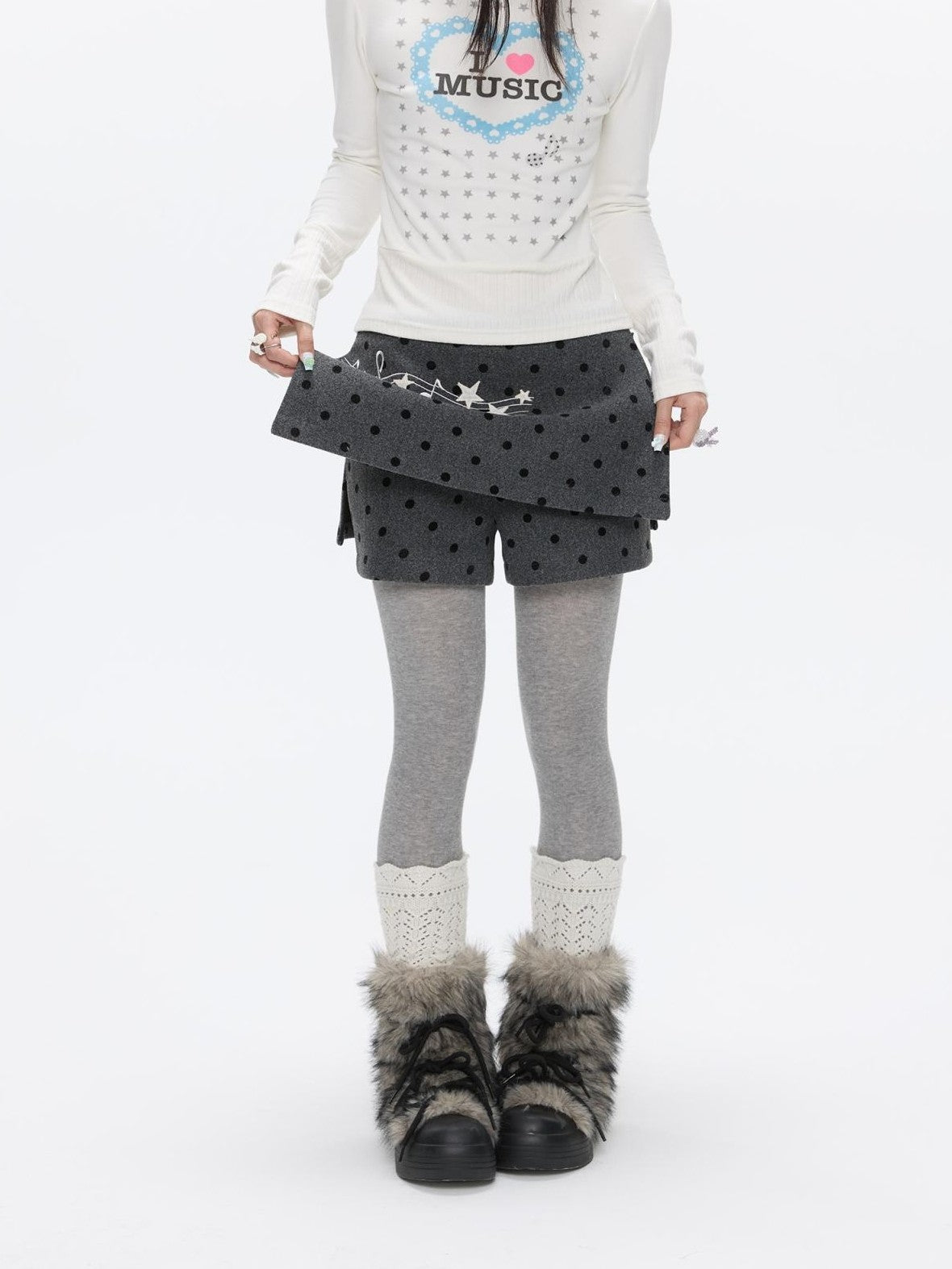 BETWEENAND Grey Embroidered Musical Note Polka Dot High Waist Women&