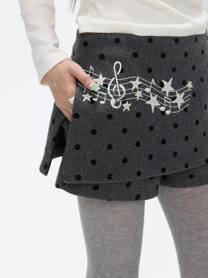 BETWEENAND Grey Embroidered Musical Note Polka Dot High Waist Women&