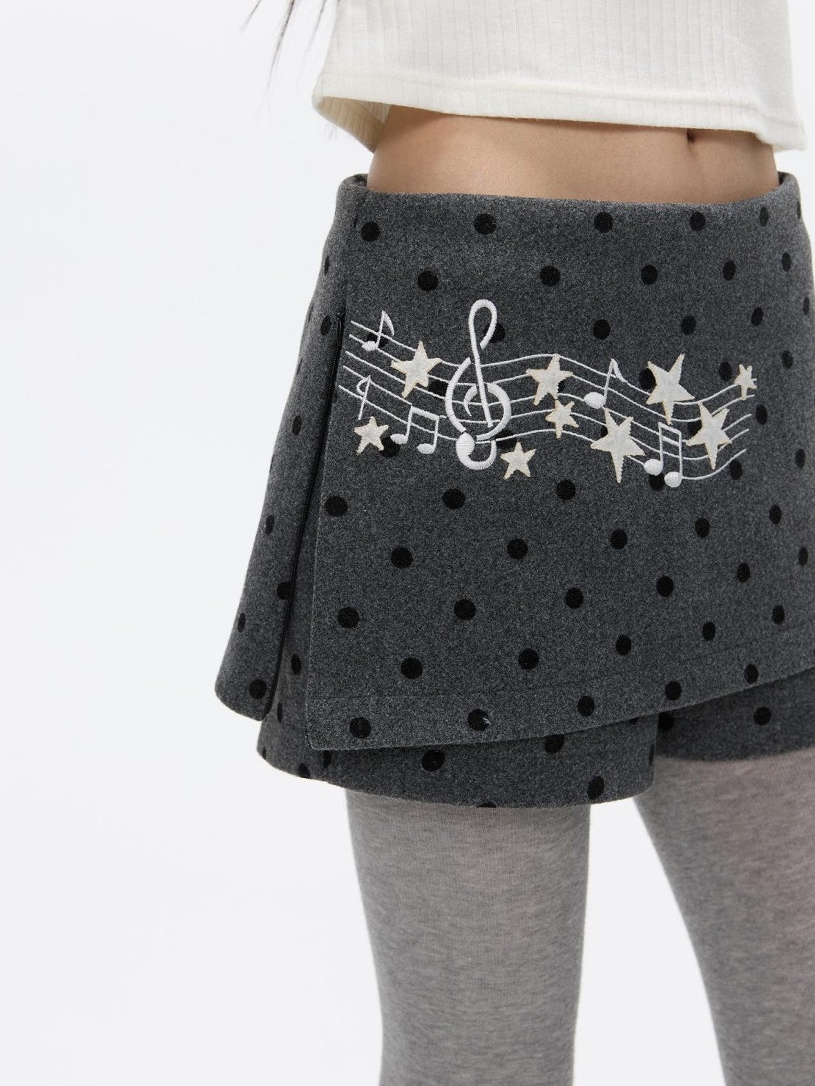BETWEENAND Grey Embroidered Musical Note Polka Dot High Waist Women&