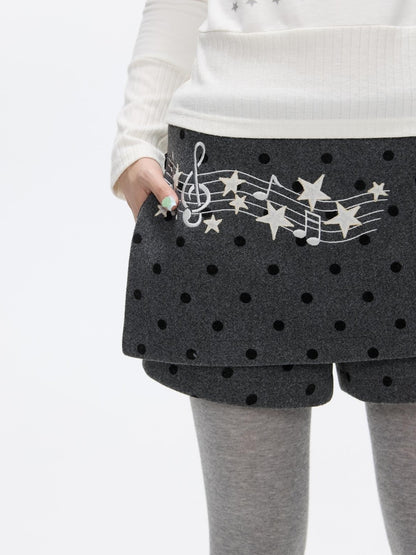 BETWEENAND Grey Embroidered Musical Note Polka Dot High Waist Women&