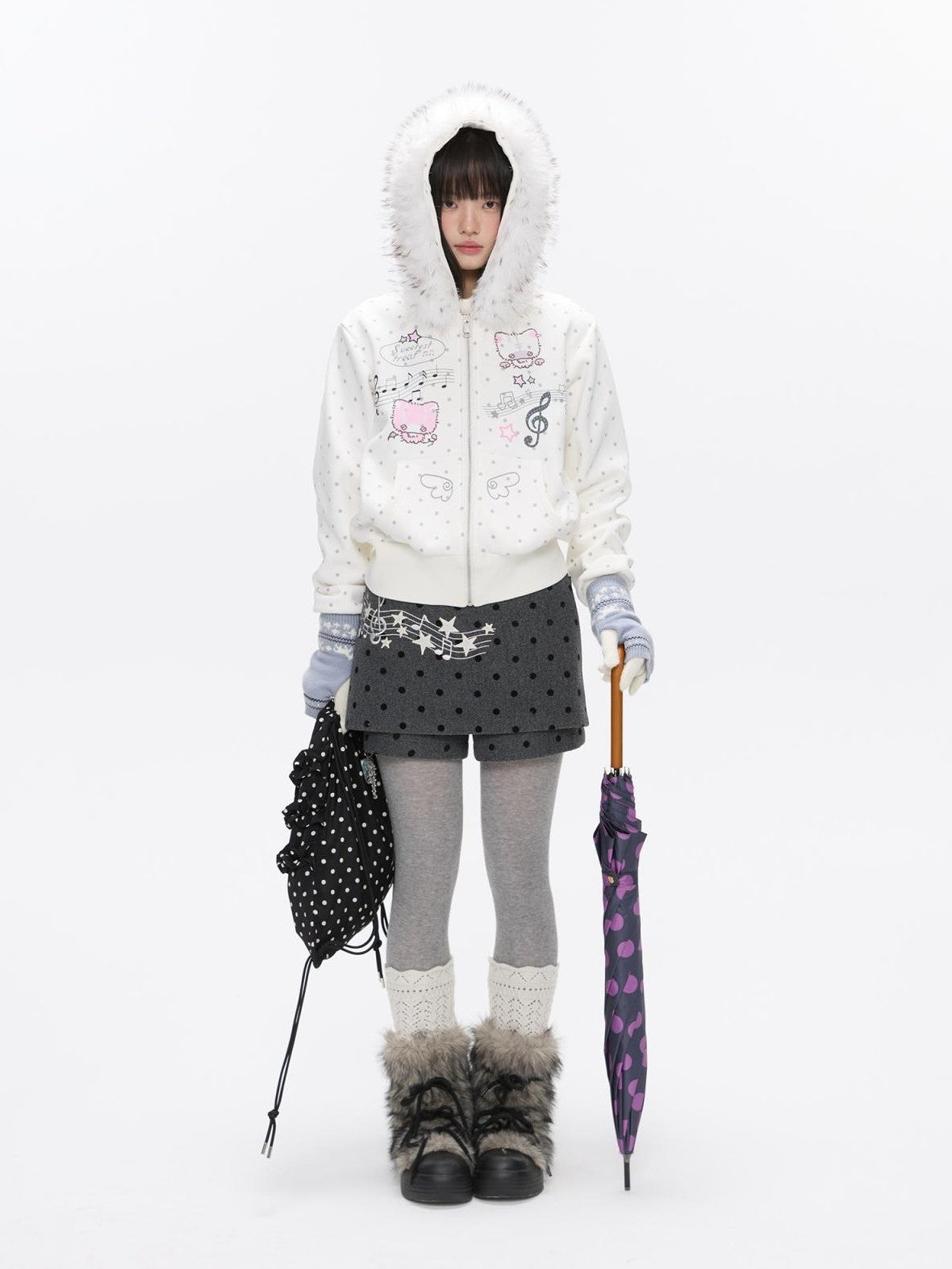 BETWEENAND Grey Embroidered Musical Note Polka Dot High Waist Women&