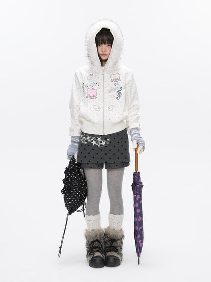 BETWEENAND Grey Embroidered Musical Note Polka Dot High Waist Women&