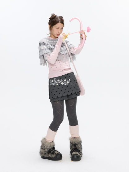 BETWEENAND Grey Embroidered Musical Note Polka Dot High Waist Women&