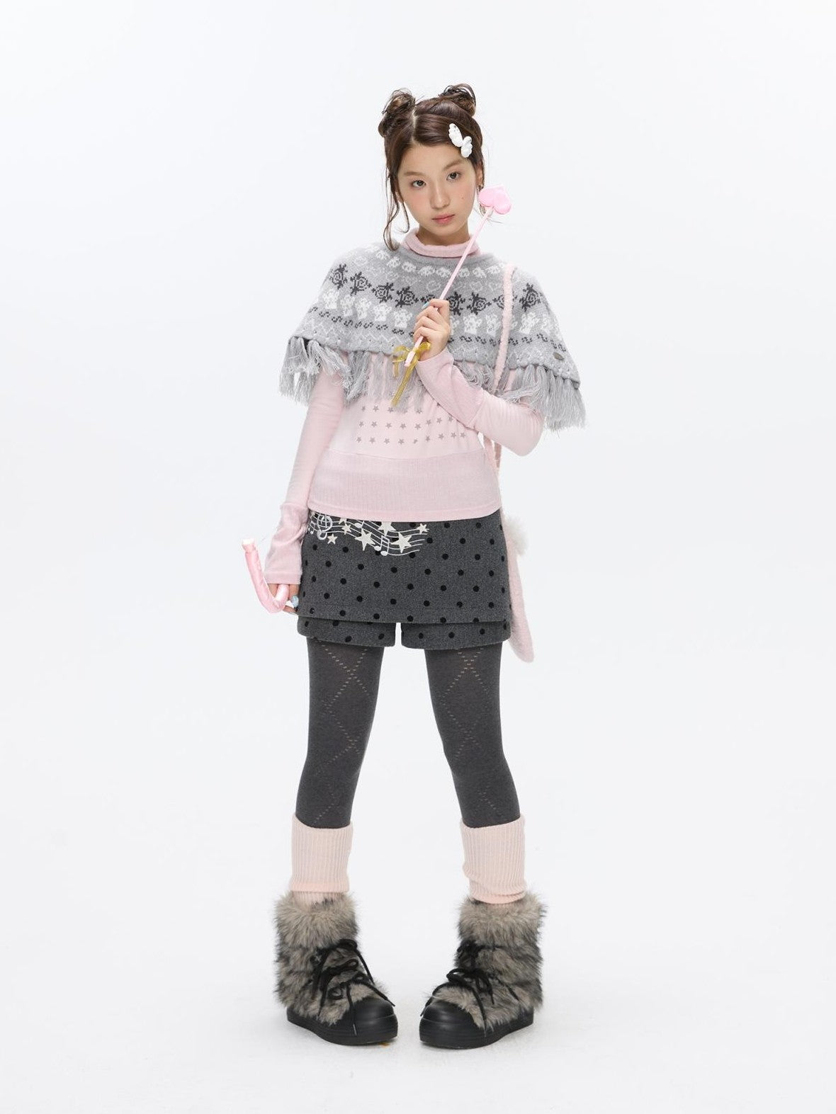 BETWEENAND Grey Embroidered Musical Note Polka Dot High Waist Women&