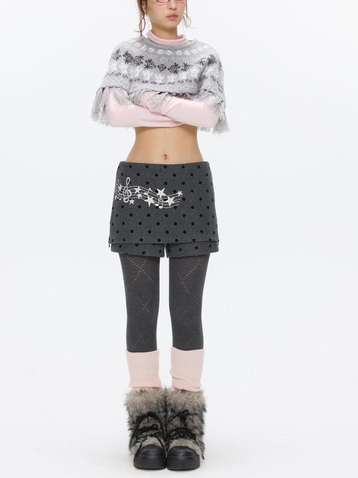BETWEENAND Grey Embroidered Musical Note Polka Dot High Waist Women&