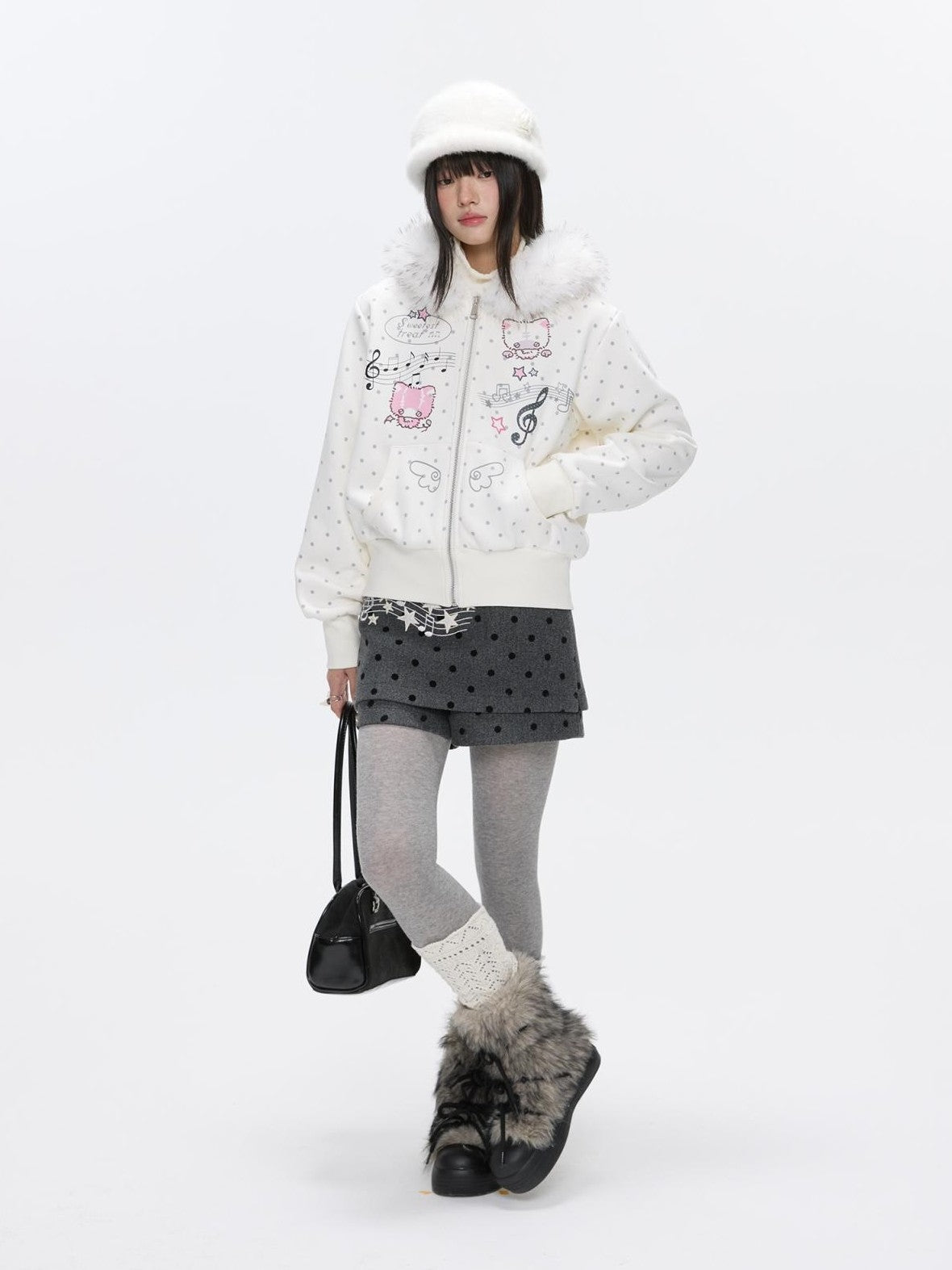 BETWEENAND Grey Embroidered Musical Note Polka Dot High Waist Women&