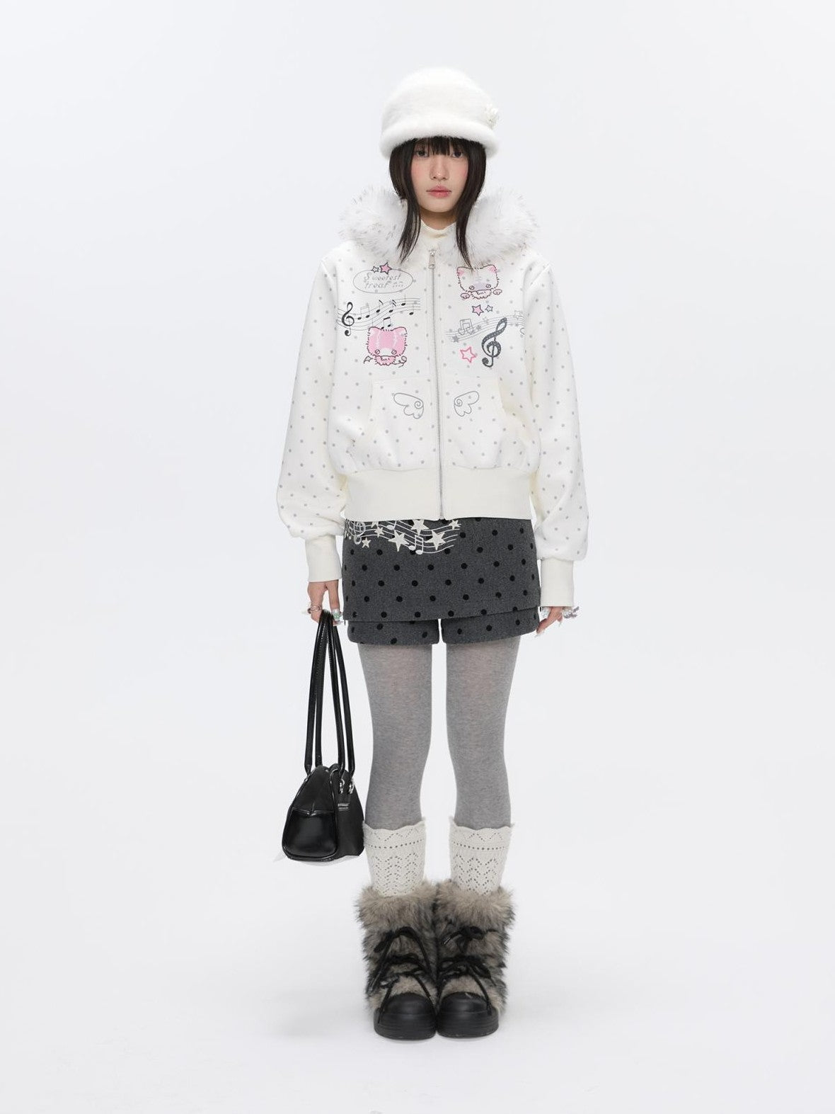 BETWEENAND Grey Embroidered Musical Note Polka Dot High Waist Women&