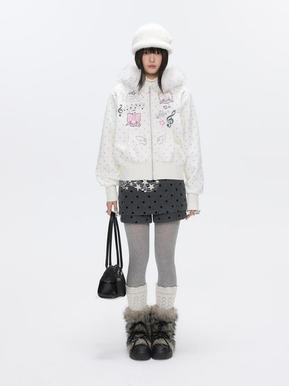 BETWEENAND Grey Embroidered Musical Note Polka Dot High Waist Women&