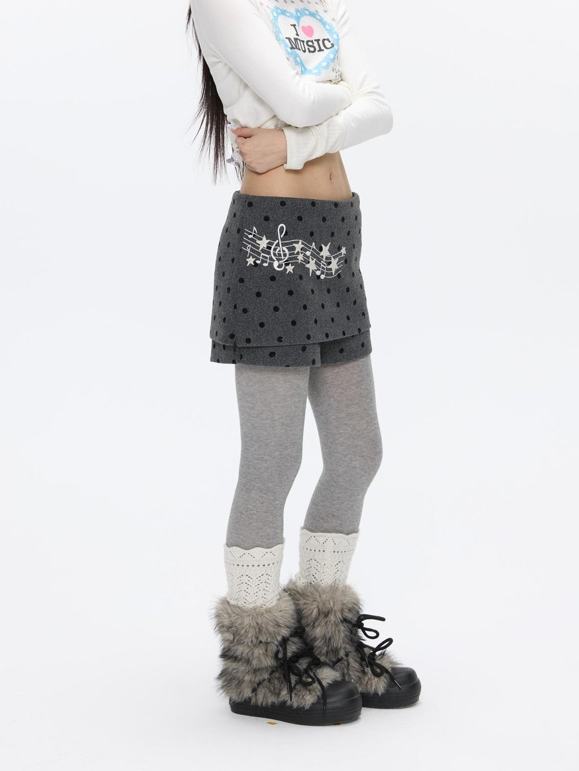 BETWEENAND Grey Embroidered Musical Note Polka Dot High Waist Women&