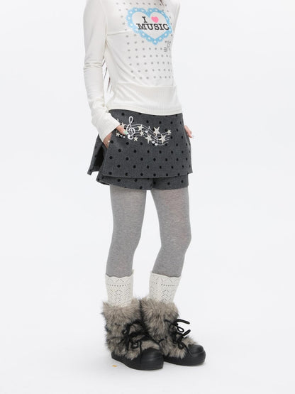 BETWEENAND Grey Embroidered Musical Note Polka Dot High Waist Women&