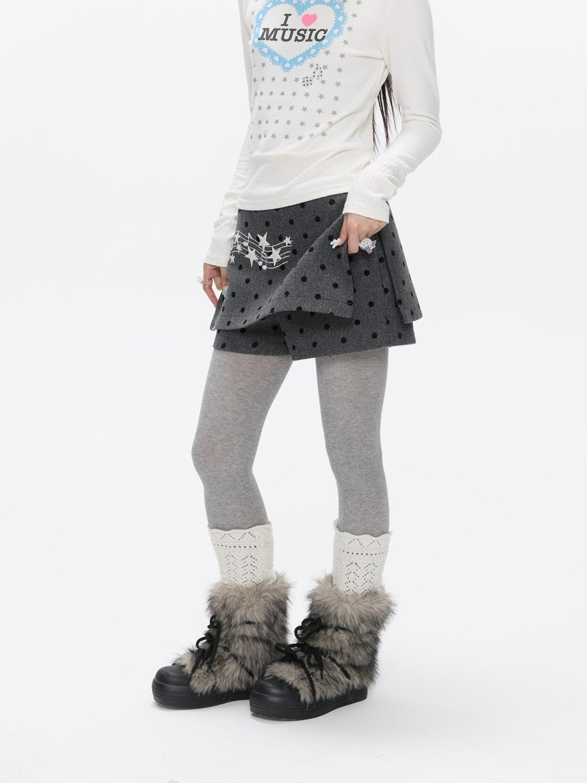 BETWEENAND Grey Embroidered Musical Note Polka Dot High Waist Women&
