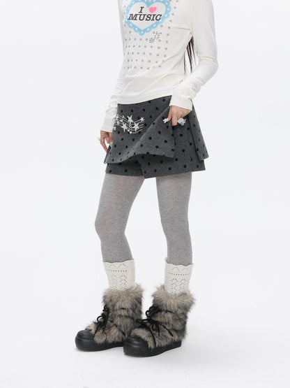 BETWEENAND Grey Embroidered Musical Note Polka Dot High Waist Women&