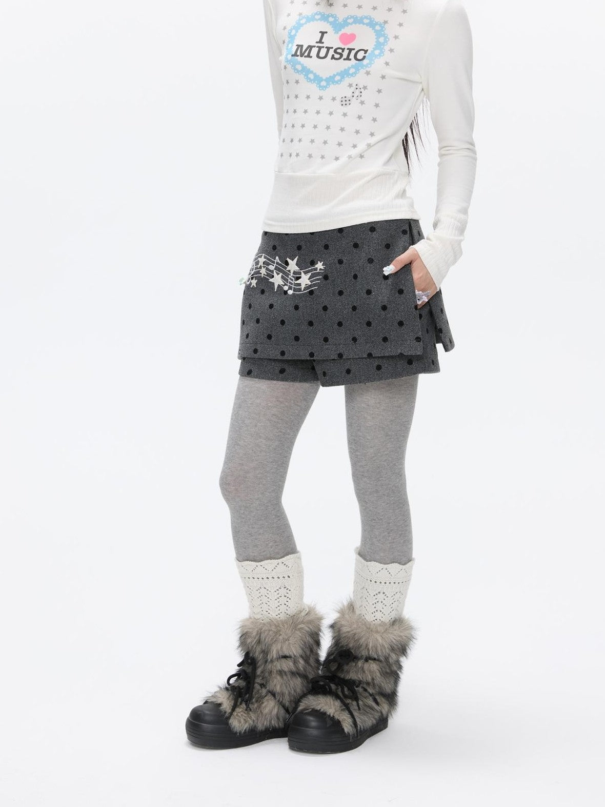 BETWEENAND Grey Embroidered Musical Note Polka Dot High Waist Women&