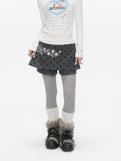 BETWEENAND Grey Embroidered Musical Note Polka Dot High Waist Women&