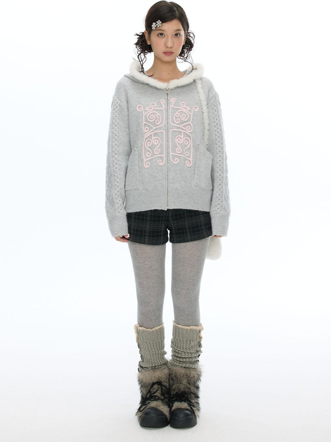 BETWEENAND Grey Windowpane Hooded Faux Fur Collar Women&