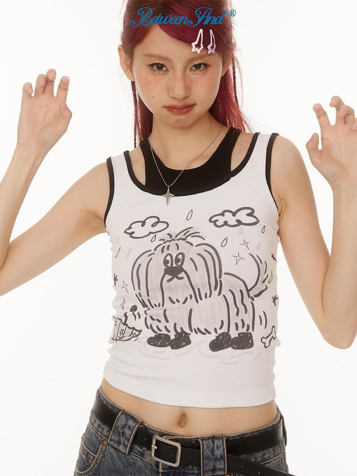 BETWEENAND Hand Painted Dog Doodle Mock Two Piece Women&