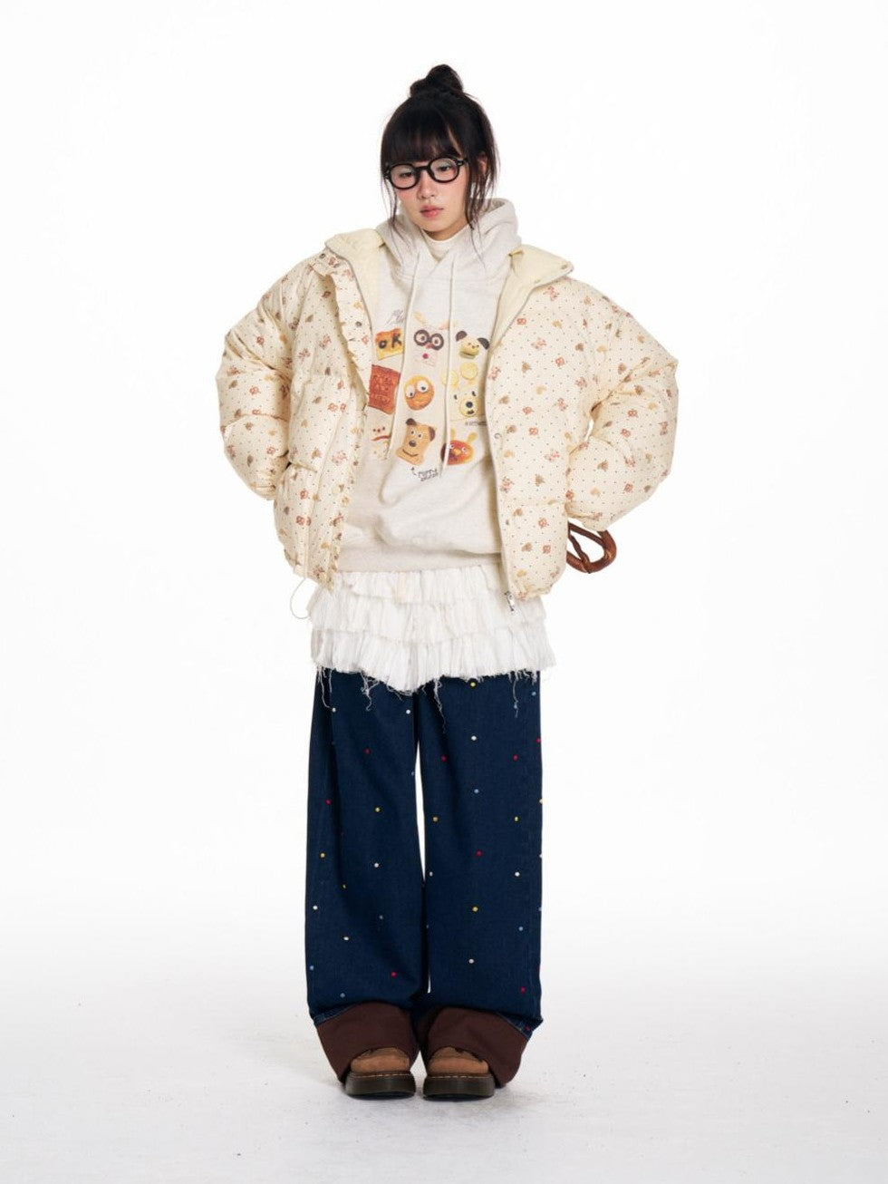 BETWEENAND Hand Painted Polka Dot Bear Embroidered Women&