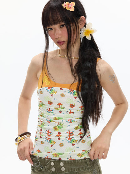 BETWEENAND Hawaiian Ruched Colorblock Allover Print Women&