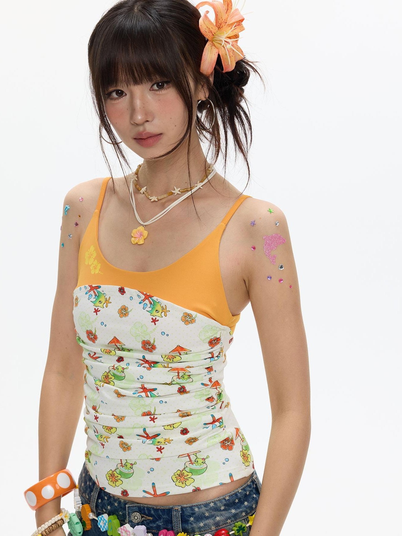 BETWEENAND Hawaiian Ruched Colorblock Allover Print Women&