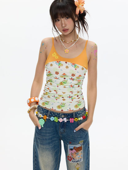 BETWEENAND Hawaiian Ruched Colorblock Allover Print Women&
