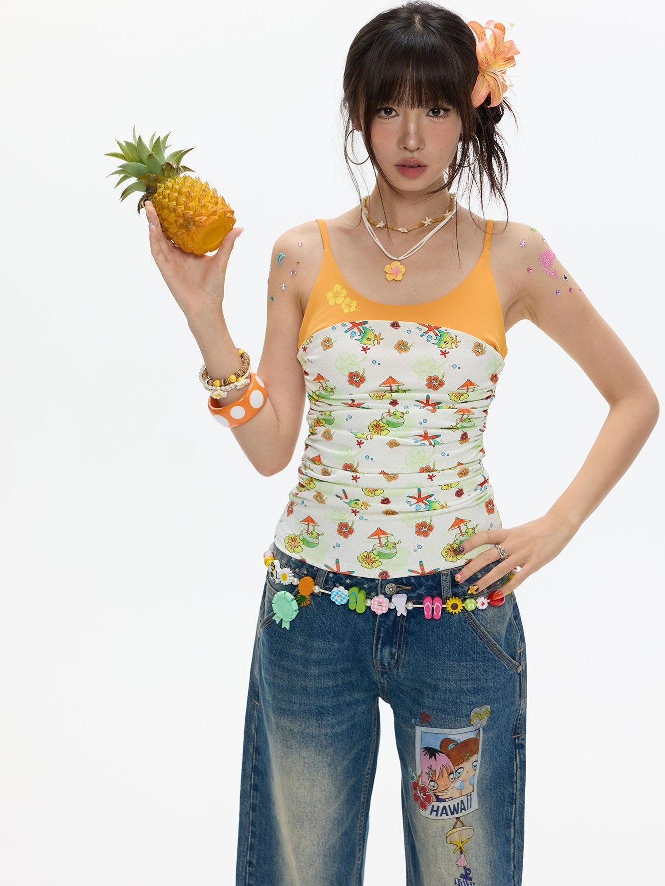 BETWEENAND Hawaiian Ruched Colorblock Allover Print Women&