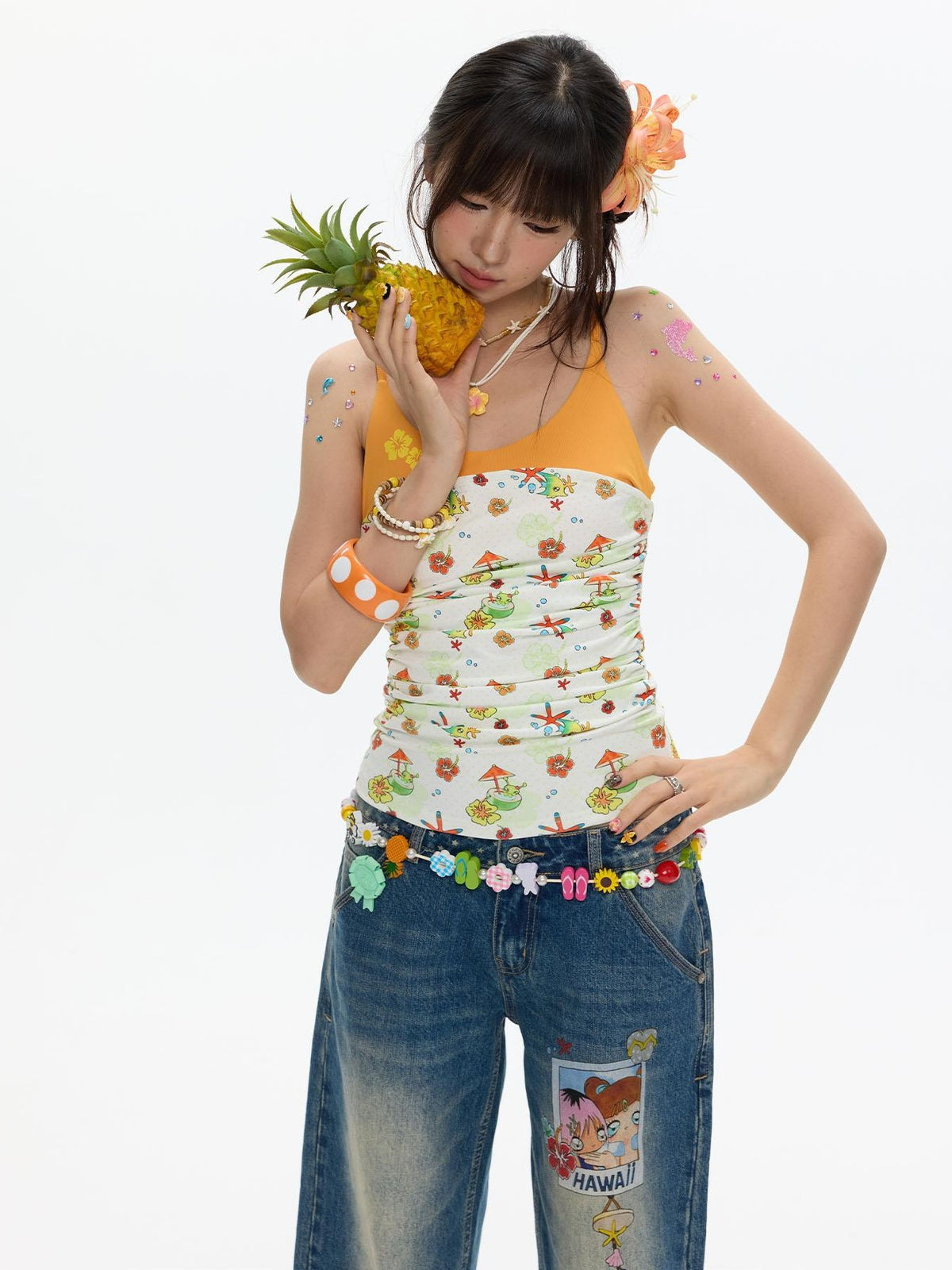 BETWEENAND Hawaiian Ruched Colorblock Allover Print Women&