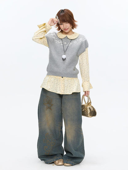 BETWEENAND Heather Gray Embroidered Jacquard Women&
