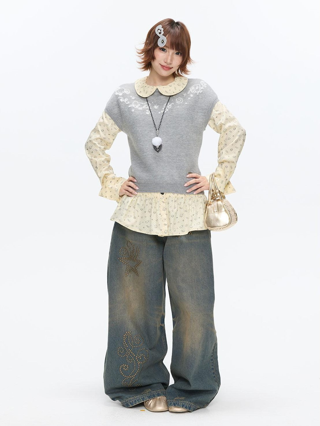 BETWEENAND Heather Gray Embroidered Jacquard Women&