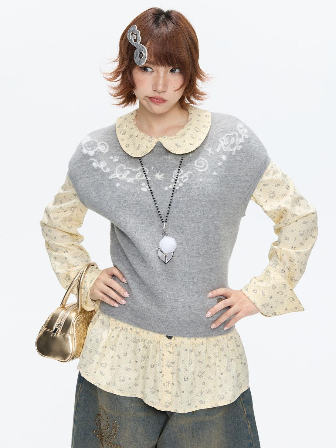 BETWEENAND Heather Gray Embroidered Jacquard Women&