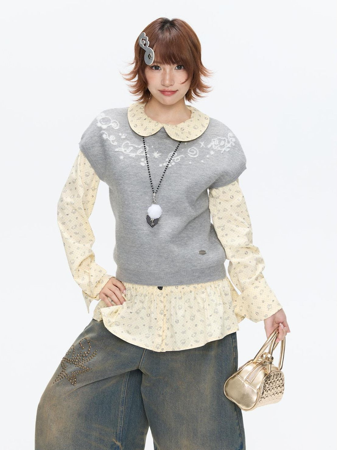 BETWEENAND Heather Gray Embroidered Jacquard Women&