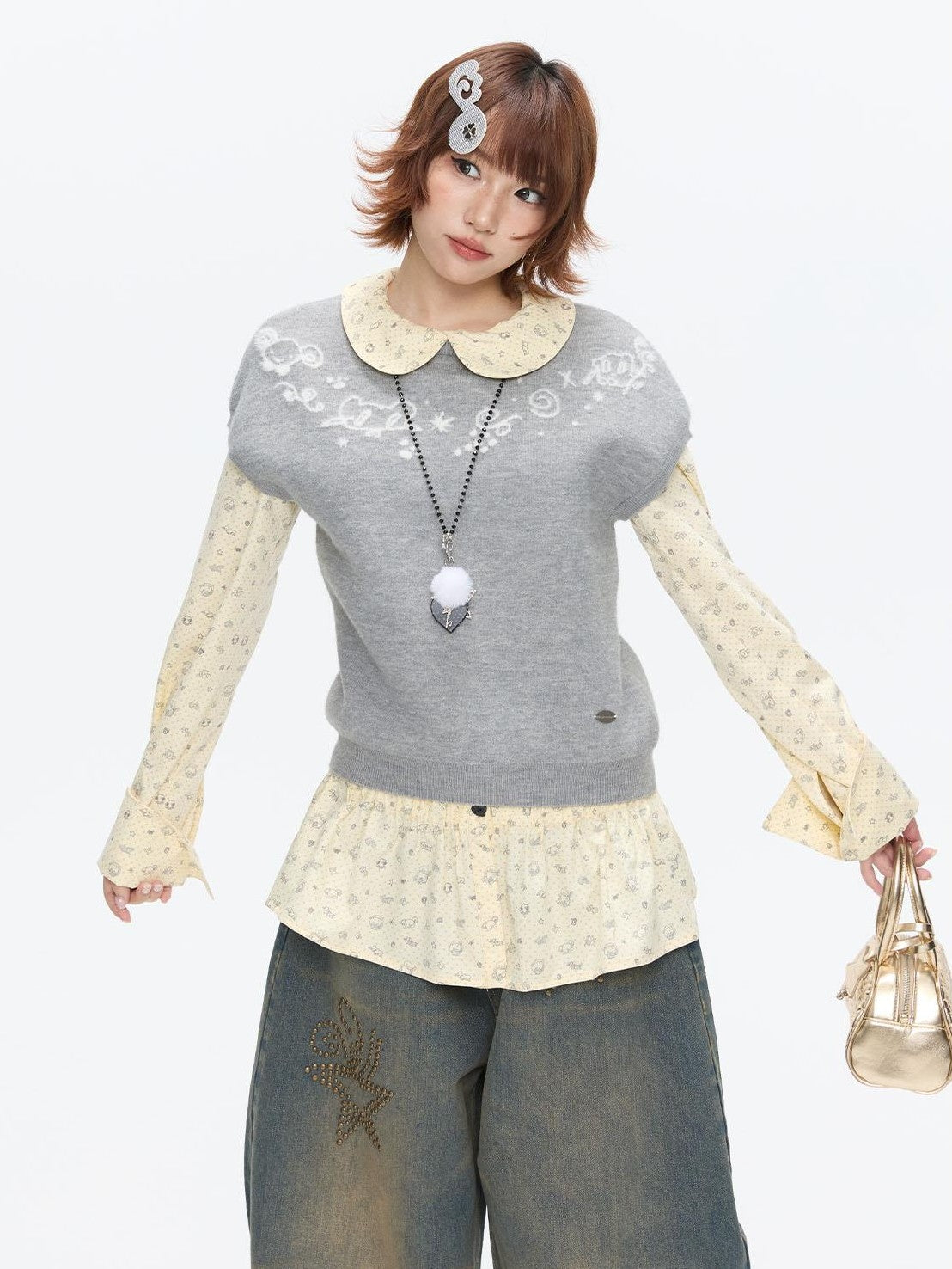 BETWEENAND Heather Gray Embroidered Jacquard Women&
