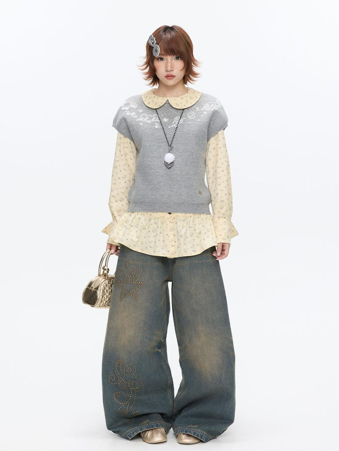 BETWEENAND Heather Gray Embroidered Jacquard Women&