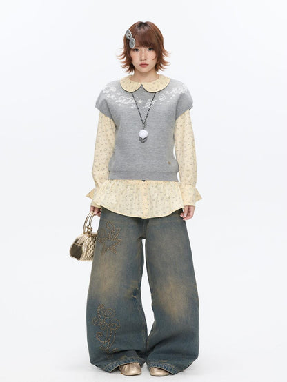 BETWEENAND Heather Gray Embroidered Jacquard Women&