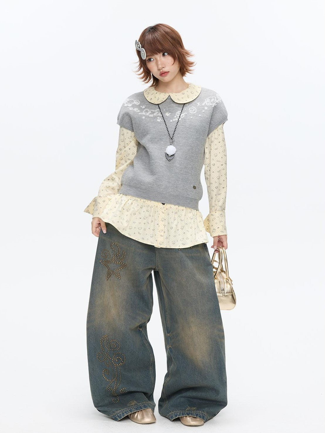 BETWEENAND Heather Gray Embroidered Jacquard Women&