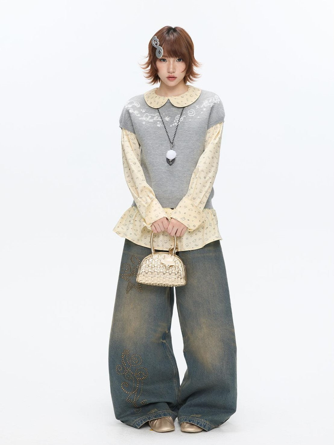 BETWEENAND Heather Gray Embroidered Jacquard Women&