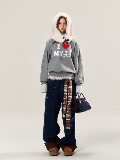 BETWEENAND Heather Gray Glitter Cat Print Pullover Women&