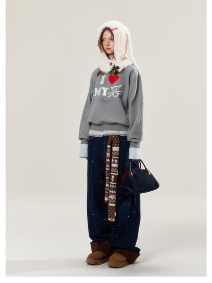 BETWEENAND Heather Gray Glitter Cat Print Pullover Women&