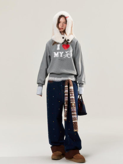BETWEENAND Heather Gray Glitter Cat Print Pullover Women&