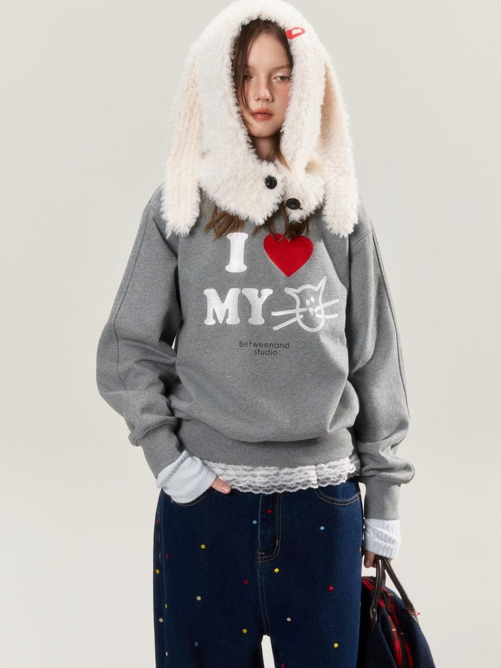 BETWEENAND Heather Gray Glitter Cat Print Pullover Women&